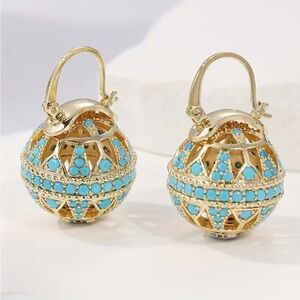 Gold Tone Turquoise Beaded Sphere Earrings Boho Statement Drop